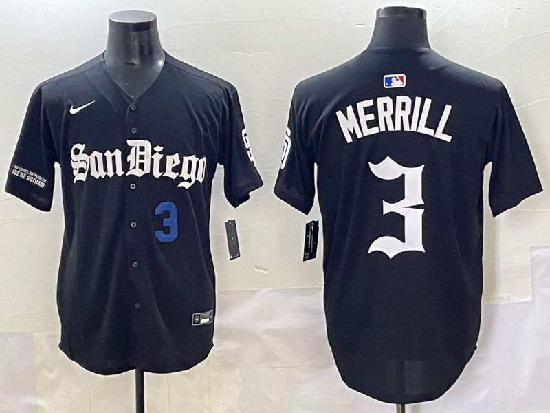 Men 2025 San Diego Padres #3 Merrill Black Five generations Joint Name Nike MLB Jersey style 3->san diego padres->MLB Jersey